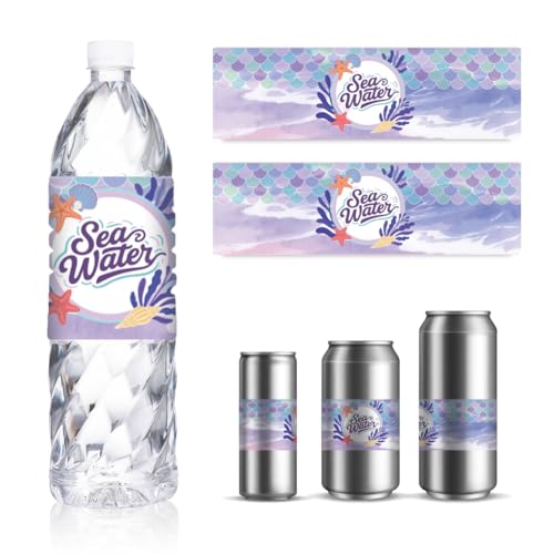 GOMAKERER 30 hojas de etiquetas autoadhesivas para botellas de agua con diseño de sirena, concha de estrella de mar, para bodas, novias, cumpleaños, fiestas, 21,6 x 6,4 cm