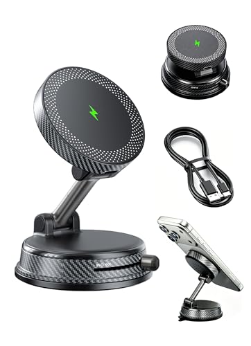Image of 15W Magsafe Wireless Fast Charger Car Phone Mount Holder with Vacuum | ULiiZOMIR Adjustable Magnetic Mount, Strong Grip Dashboard & Windshield Holder for iPhone 12-17 and Android Devices