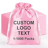 Paquete de 10 bolsas de regalo de satén de seda rosa con cordón y texto de logotipo, bolsas de joyería personalizadas a granel para caramelos, bodas, fiestas, regalos de Navidad