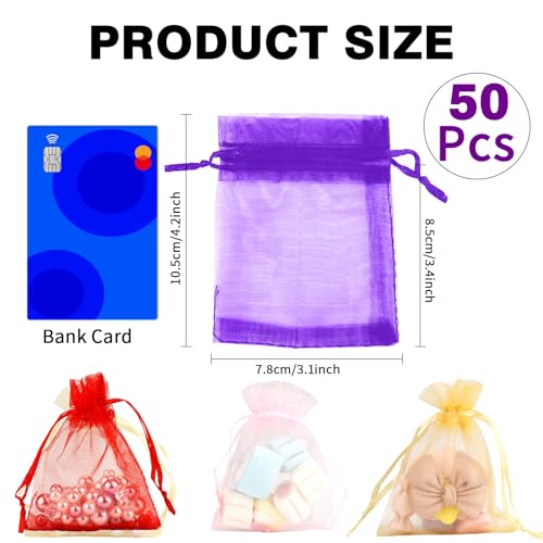Image of Organza Bags, Sheer Organza Bag, 50Pcs,Small Organza Bags with Drawstring 3 x 4 inch, Jewelry Gift Bags, Mesh Party Wedding Favor Bags Mini Candy Bags for Christmas Party, Mix Color