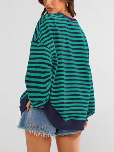 PRETTYGARDEN Womens Striped Oversized Sweatshirt Color Block Crew Neck Long Sleeve Casual Loose Pullover Top Y2K Clothes (Royal Blue Green, Large) — view 5