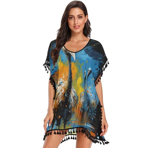 Watercolor Abstract Art Ostrich Women's Beach Cover Up Chiffon Tassel Swimwear Swimsuit Coverups for Girl