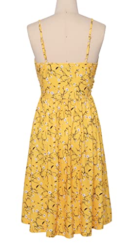 Drimmaks Women's Summer Floral Dress Vintage Buttons Down Ruched Sweetheart Neck Sleeveless Midi A-Line Dress (044-Yellow Floral, M) #TOP3