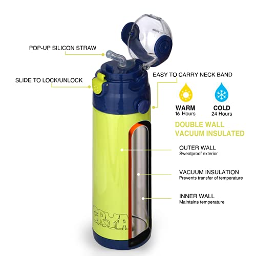 Image of CRYA Kidster Sipper 500ml Stainless Steel Water Bottle for Hot and Cold Beverages for Upto 24 Hours, BPA Free and Leakproof Thermosteel Double Walled Insulated Vacuum Thermos Flask (Neon Green)