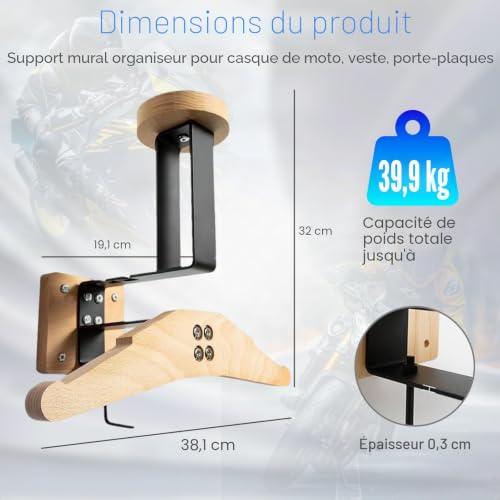 Buithafu Porte-casque de moto, support mural pour casque tactique, en acier inoxydable et bois, pour équipement de moto, football et cycliste – vue 4