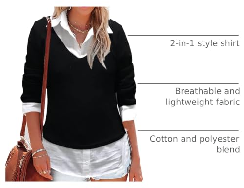 Image of Oyamiki Women's Casual Collared Curved Hem 2 in 1 Pullover Tops Plaid Contrast Shirt Blouse