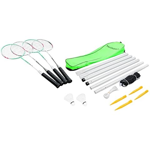 HUDORA Badminton-Set mit Netz - 4 Badminton-Schäger + 2 Kork Badminton-Bälle Cover