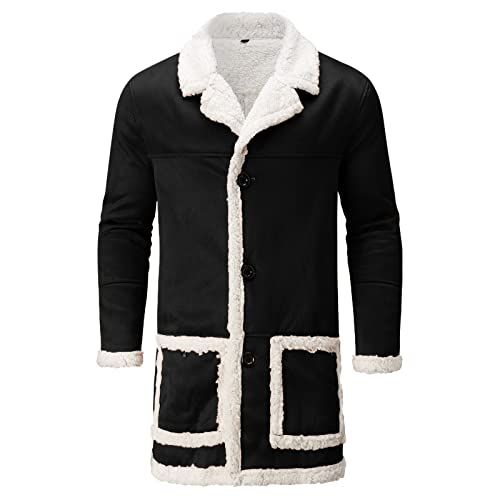 Sherpa Lined Jacket Men Fleece Coat Fur Collar Long Trench Coats Single Breasted Coat Warm Winter Overcoat