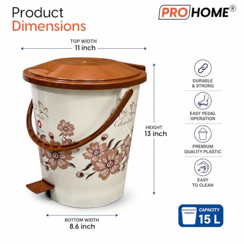 Image of PROHOME Calendula Floral Plastic Pedal Dustbin for Home, Office, Kitchen, Bathroom & Bedroom | Trash Can /Garbage Waste Bin with Lid & Handle (15L, Ivory)