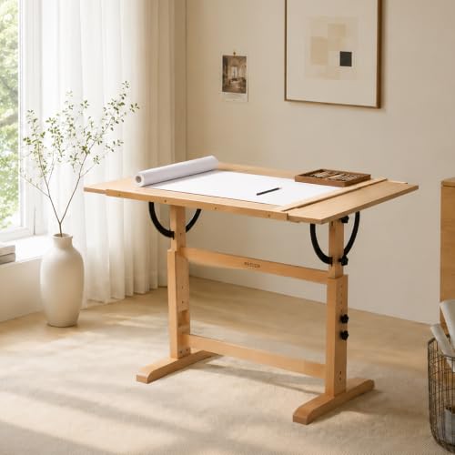 Image of MEEDEN Extra-Large Wood Drafting Table: 42 inch x 30 inch Artist Drawing Table Desk - Painting Table with Adjustable Height & Angle - Art Table for Adults with Pencil Ledge for Sketching, Writing, Natural