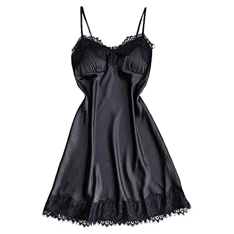 riou Camisones De Mujer Verano Camison cuello en v tirantes Ropa Interior Mujer Verano Sexy Sin Manga Camisón Adolescente Elegante Camisones Encaje Blanco Negro Cover