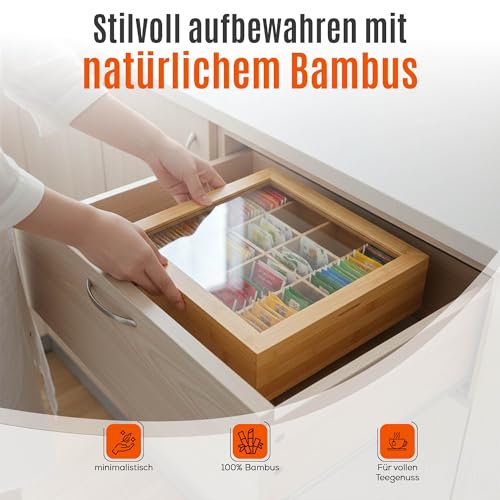 Foto von AH® Teebox aus Bambus mit 12 Fächern – Teekiste zur Teebeutel Aufbewahrung mit Sichtfenster & Magnetverschluss, HBT: 9 x 29 x 24 cm, Natur