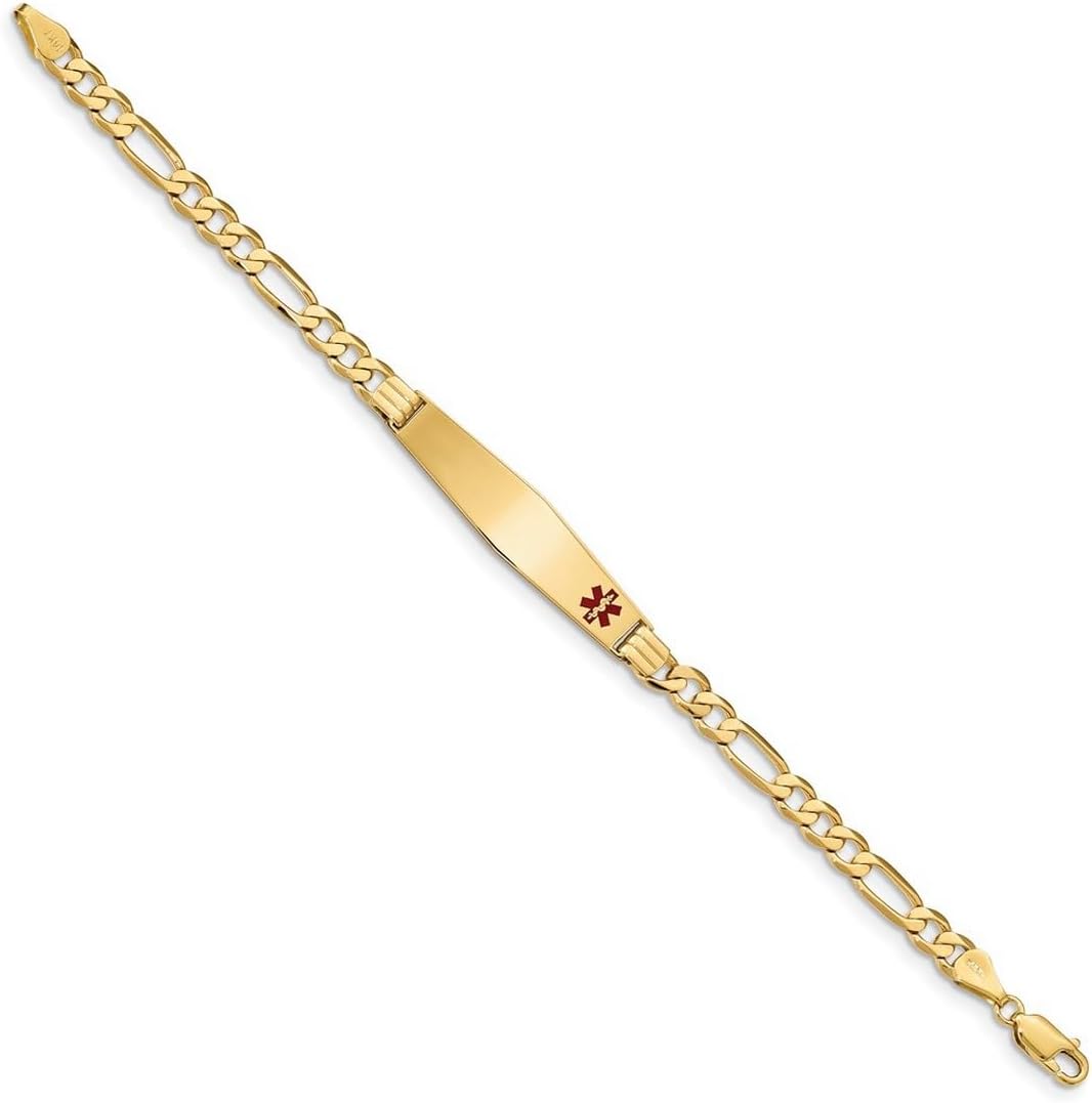 JewelryWeb 9.5mm 14k Solid Yellow Gold Medical Soft Diamond Shape Red Enamel Flat Figaro Link ID Bracelet Identification Bracelet for Women