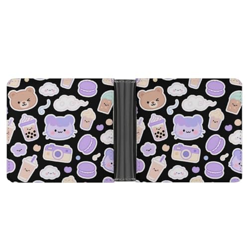 Slim Wallet Black And Purple Milk Tea Compact Bifold Wallet with Credit Card Holder Leather Coin Slot ID Window Unisex