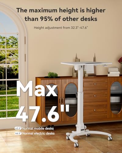 Image of JOY worker Foldable Mobile Standing Desk, Upgraded Height Adjustable Rolling Desk, Max Height 47.6 inch, 90 Tiltable Board & Base, Portable Workstation with Moveable Wheels, Holds Up to 22lbs, White