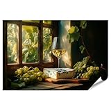 islandburner Póster XXL con copa de vino y queso en la ventana con vides de uva, imágenes de alta calidad, impresión fotográfica