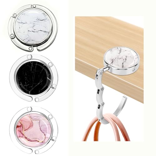 HUATEEN Taschenhalter für Tisch 3 Stück, Faltbare Antirutsch Handtaschenhalter Marmorierung Taschen Aufhänger Taschenhaken Halterung für Handtaschen, Tisch Handtaschenhalter Haken für Restaurant