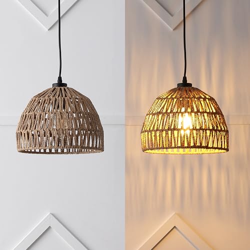 Image of JONATHAN Y 10.25 inch Brown Modern Bohemian Woven Rope LED Pendant Light Fixture, Adjustable Dome Ceiling Lamp for Kitchen Island, Rope Shade, Coastal Farmhouse Decor (JYL6513E)