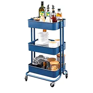 ATORSE 3-Tier Rolling Storage Organizer Kitchen Mobile Cart with Wheels,Metal Blue