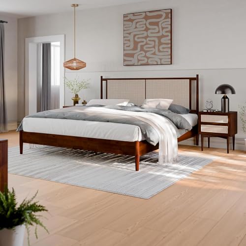 Image of Arman HANDICRAFTS King Size Wooden Bed with Rattan Cane Headboard | Solid Wood Platform Bed Frame with Slats | Mid-Century Modern Bed | No Box Spring Required | Easy Assembly | Brown Finish