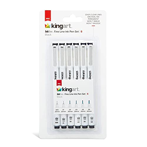 KINGART PRO Inkline Black Micro Line & Precision Graphic Pens, 6 Assorted Nibs, BLACK Archival Waterproof Japanese Ink for Art, Illustration, Calligraphy, Sketching, Anime, Technical Drawing, Manga