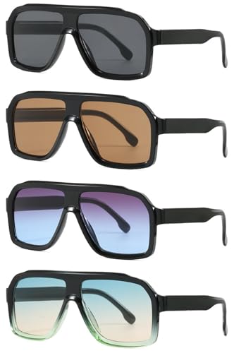 IKANOO 4 Pieces Trendy Square Aviator Sunglasses for Women Men Oversized Flat Top Designer Stylish Frame Sun Glasses