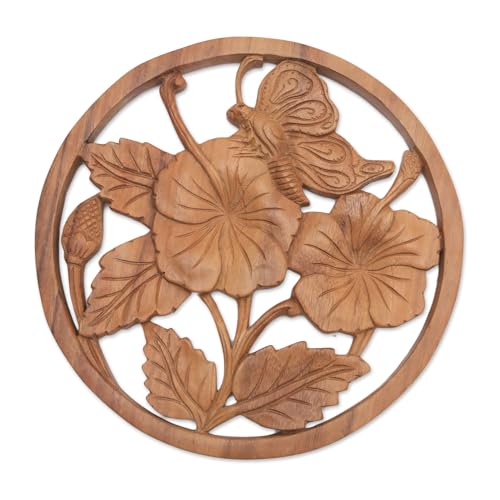 NOVICA Artisan Handcrafted Wood Relief Panel Floral Butterfly Suar in