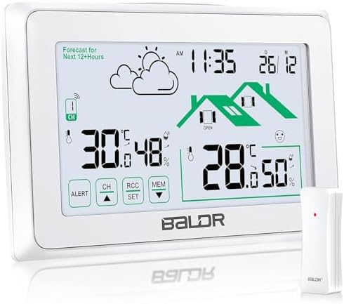 BALDR Drahtlose Wetterstation für drinnen und draußen, DCF-Digitaluhr, Innenthermometer mit Belüftungsanzeige, Wettervorhersage und Hintergrundbeleuchtung