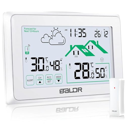 BALDR Stazione Meteo Radio con Sensore Esterno, Stazione Metereologica con Previsioni Meteo, Temperatura e Umidità, Livello di Comfort, 4 Livelli di Retroilluminazione