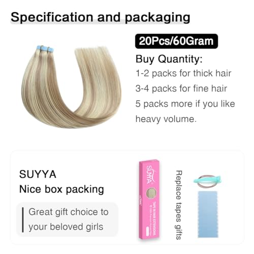 Image of SUYYA Tape In Hair Extensions Human Hair 30 Inch #P18 /613 Ash Bleach Blonde | Remy Human Hair, Invisible Skin Weft, Soft & Silky Straight Hair, 20PCS 60G, Seamless Blend, Add Length & Volume