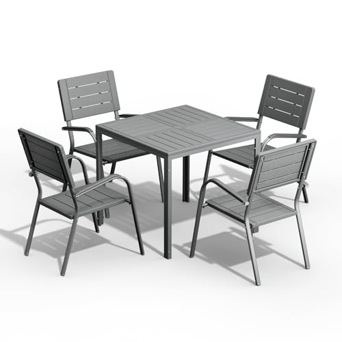 Image of VINGLI Outdoor Patio Dining Set,5 Piece Square Table Patio Furniture Set,HDPE All-Weather Material Outdoor Dining Table and Chair for Garden, Backyard, Poolside,Grey
