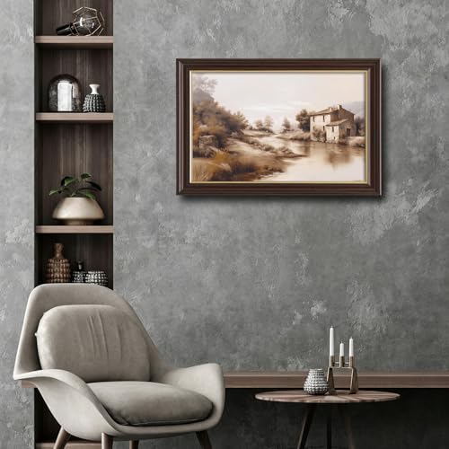 Image of Framed Vintage Countryside River Canvas Wall Art, Sepia Tone Farmhouse Landscape Canvas Prints Pictures, Rustic European Wall Decor for Living Room Bedroom Farmhouse Home