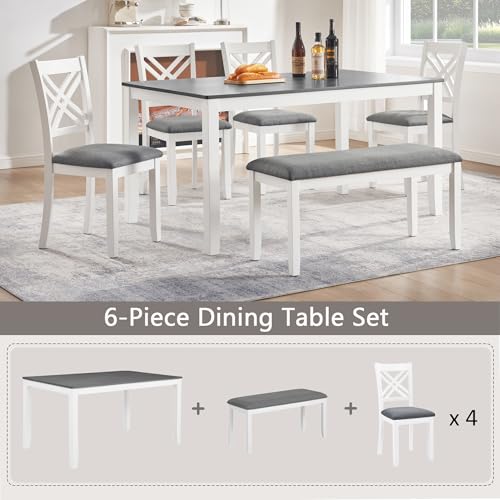 Image of Harper & Bright Designs 6 Piece Kitchen Dining Set, 58.5 inch Rectangular Rubber Wood Table with 4 Upholstered Chairs and Bench, Grey & White Modern Farmhouse Dining Table Set for 6, Kitchen Living Room