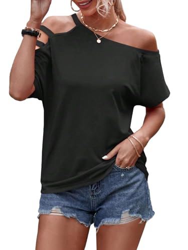 LilyCoco Women's Off The Shoulder Top Short Sleeve Cutout Asymmetrical Neck T Shirt3