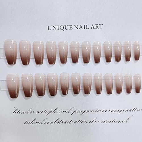 Imsohot Glossy Coffin Ballerina Press On Nails Long Gradient Brown Fake Nails With Nail Glue 24Pcs Clear False Nails For Women #TOP2