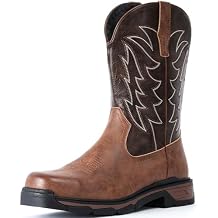 ANGRYRAM Cowboy Work Boots for Men Waterproof Square Toe Leather Western Boots Puncture Resistant Indestructable Steel Toe Safety Boots for Men