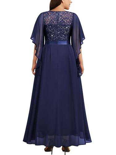 Image of Miusol Women's Plus Size Sequin Lace with Ruffle Cape Cloak Sleeves Elegant Evening Gown Wedding Guest Maxi Dress