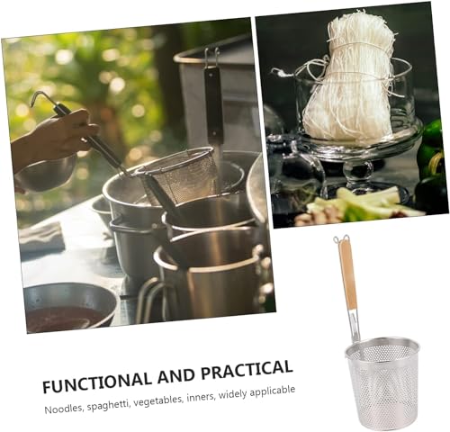 Image of KRESHU Micro-Perforated Mesh Design with Sturdy Wooden Handle | Stainless Steel Pasta and Noodle Strainer Basket | Frying Baskets for Chips | Anti-Corrosion Spider Drainer (35.5x14x14 cm) - Silver