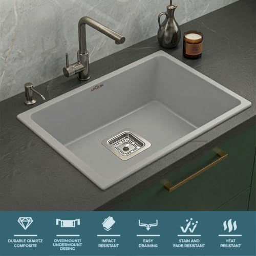 Image of ARQUIN Quartz Sink 24x18x9 Inch Grey | Single Bowl Sink | Durable & Scratch-Resistant | Undermount /Topmount Including Coupling, Waste Pipe & Fruit Washing Basket