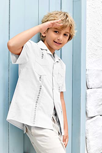 Boys Guayabera Shirts Cuban Short Sleeve Tops Casual Button Down Beach Shirt Spread Collar Solid Summer Blouse White #TOP4