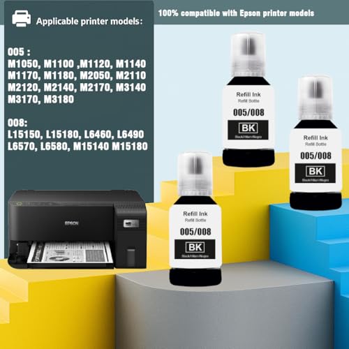 Image of KOSH 005 /008 Refill Ink Compatible for Epson L6460 /L6490 /L6550 /L6570 /L6580 /L11160 /L15150 /L15160 Printers (3, 005 /008 BK 127 x 3)