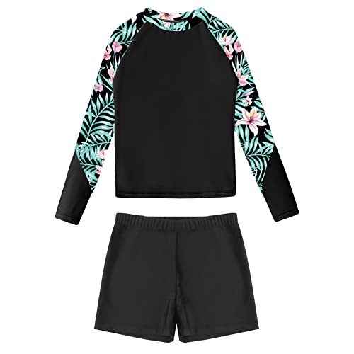 Moily Kids Girls Rash Guard Set Long Sleeve Swim Shirt Top with Board Shorts Sun Protective 2 Piece Swimsuit