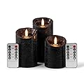 Pandaing Pack of 3 Black Regular Textured LED Flameless Flickering Battery Operated Candles with Remote and Timer, Real Wax Pillar Candles for Festival Wedding Halloween Christmas Home Party Decor