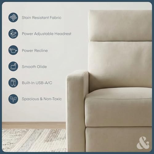 Image of Nurture& The Glider Premium Power Recliner Nursery Glider Chair with Adjustable Head Support | Designed with a Thoughtful Combination of Function and Comfort | Built-in USB Charger (Ivory)