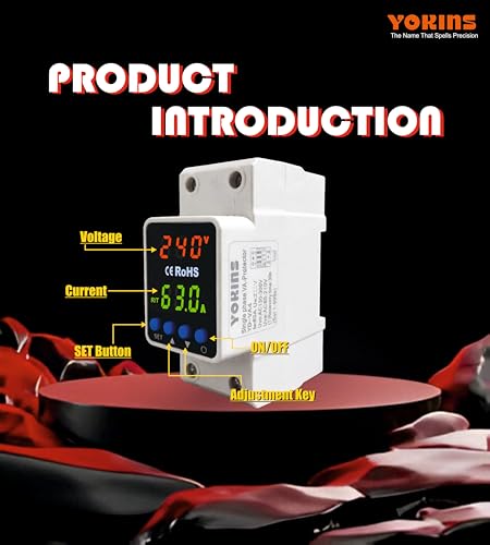 Image of YOKINS Advanced Adjustable Over & Under Voltage Protector Relay with Overcurrent Protection | 63A 230V DIN Rail Mounted | Auto Reconnect | Fast 0.1s Response | Home & Industrial Use (YD-VA4)