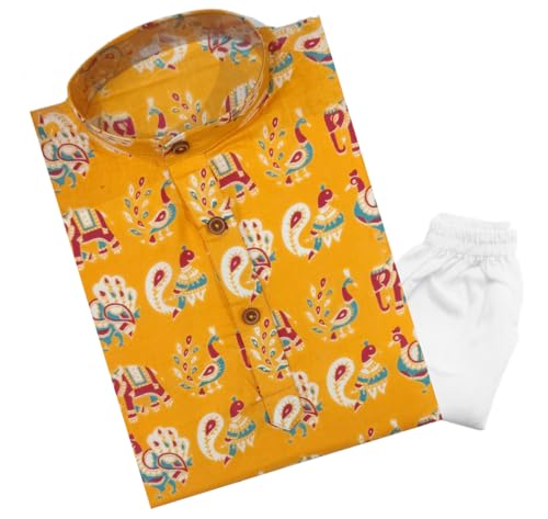 Image of TinySteps Boys Cotton Kurta Pajama | Traditional Ethnic Wear Pure Cotton Printed Kurta With Elastic Waist White Pajama