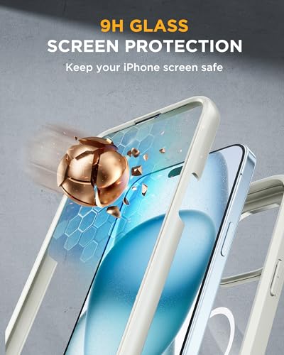 Image of Miracase Magnetic for iPhone 15 Plus Case 6.7'' [Compatible with Magsafe] Full-Body Military Drop Proof 15 Plus Phone Case Cover with Built-in 9H Tempered Glass Screen Protector,Magnetic White