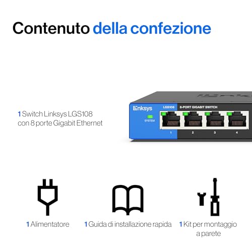 LGS108-EU Switch di rete Gigabit non gestito a 8 porte, hub Ethernet per casa e ufficio con chassis in metallo, montaggio a parete o su scrivania, sdoppiatore Ethernet, plug-and-play - Powerline - Immagine 7
