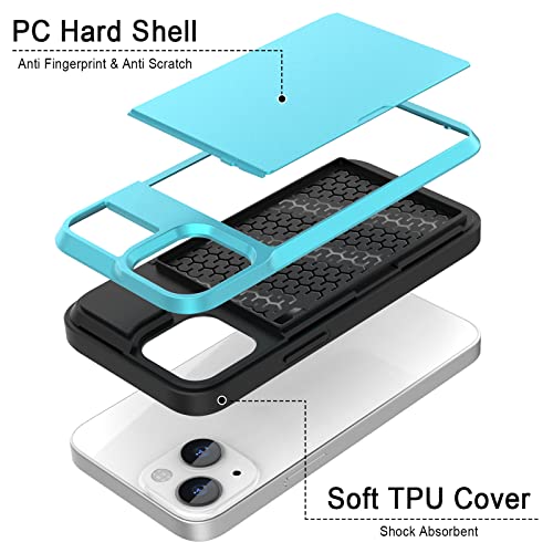 Anuck Case For Iphone 13 Mini Case With Card Holder, Shockproof Heavy Duty Wallet Case [Credit Card Slot][Slide Cover] Anti-Scratch Shell Dual Layer Armor Bumper Protective Phone Case 5.4",Light Blue #TOP3