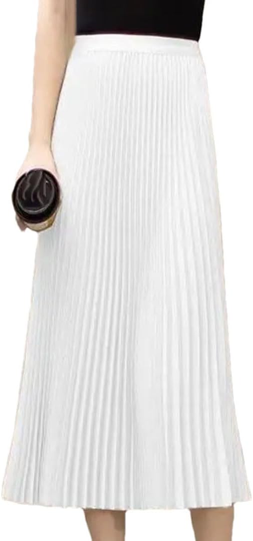 Womens Solid Color Pleated Straight Skirt Elastic Waist Long Dress